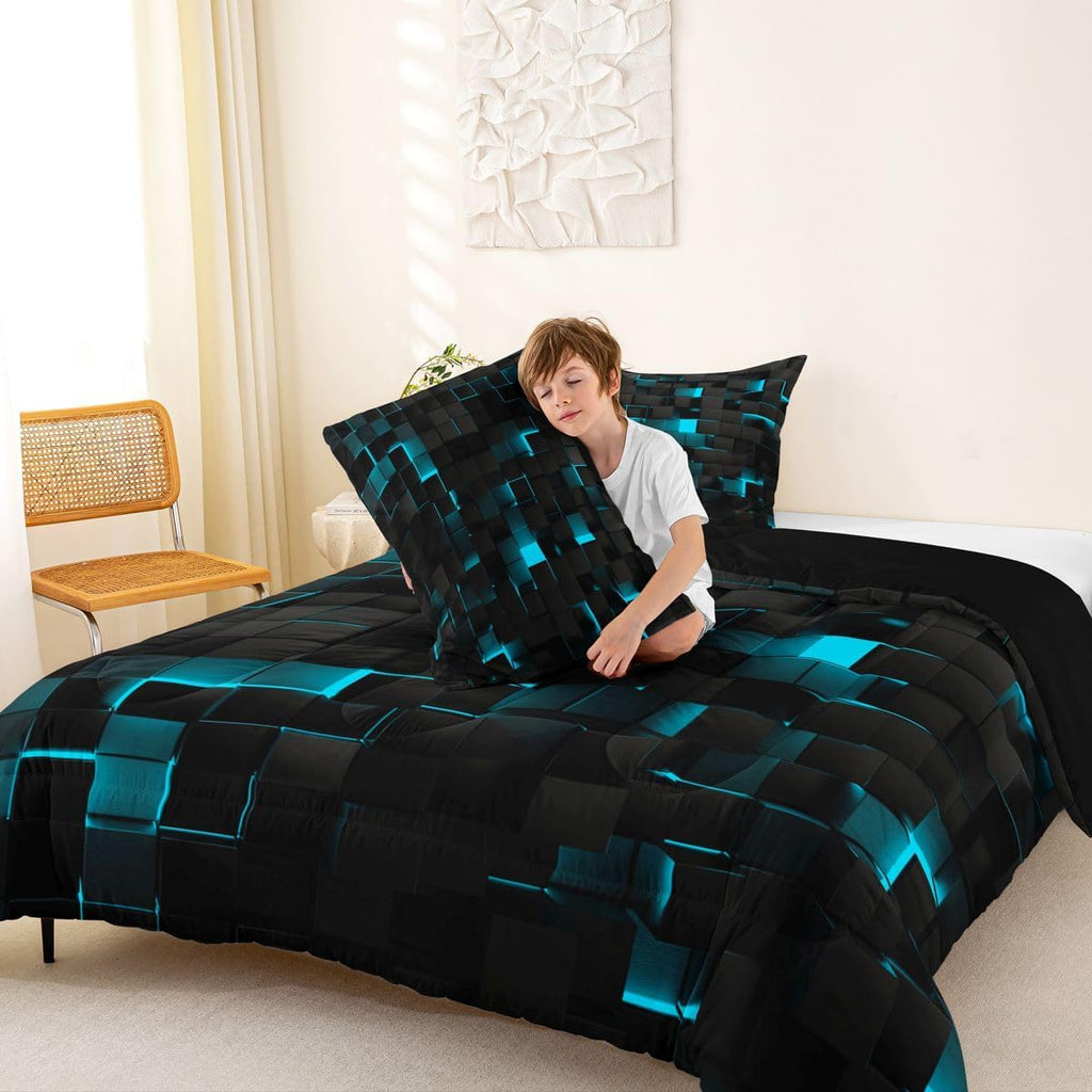 Black Teal Comforter Set King Neon Turquoise Geometric Checkered Bedding Set for Boys Gaming Room Decor,Teen Men Abstract Stereoscopic Grids Quilt Square Plaid Bed Set 3 Pcs