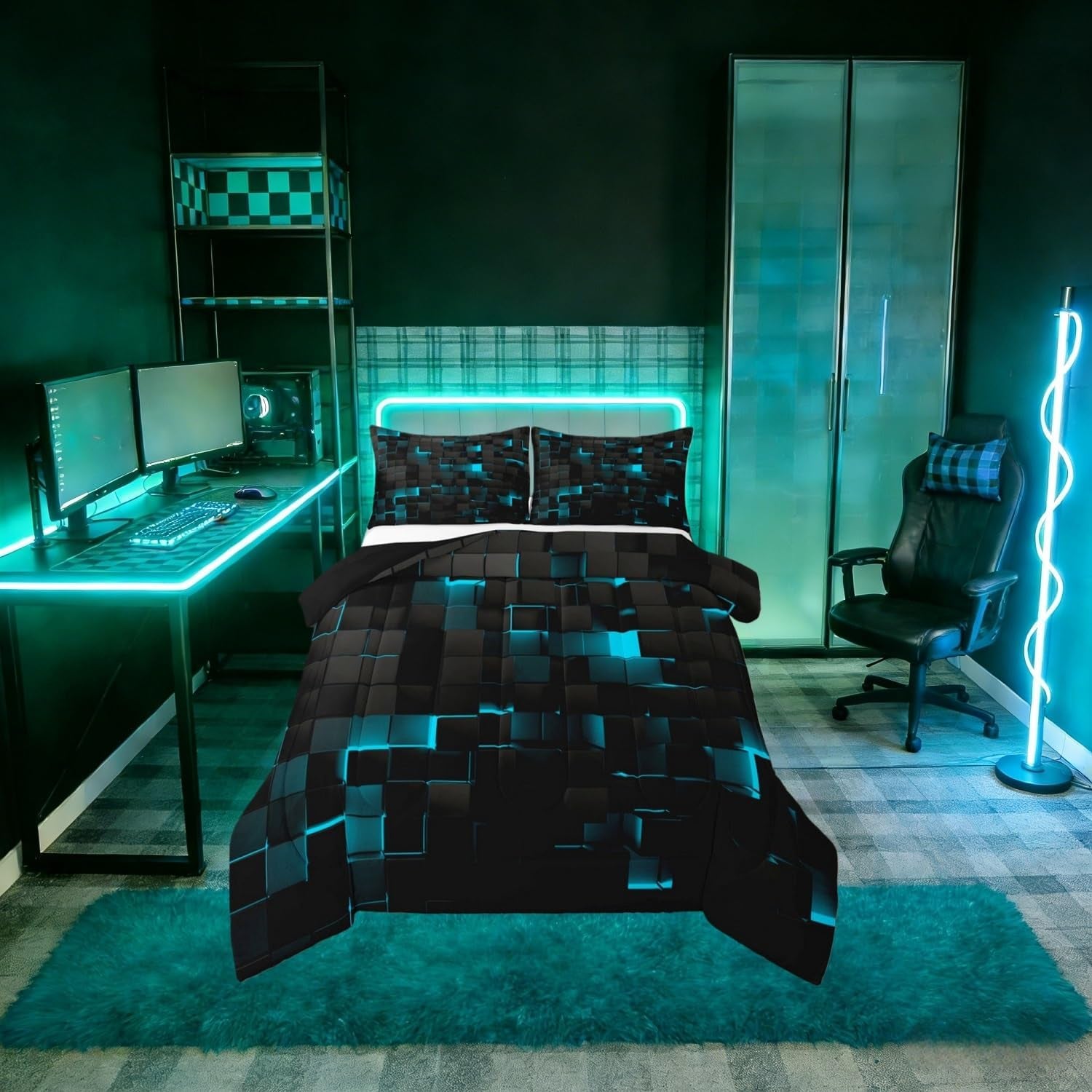 Black Teal Comforter Set King Neon Turquoise Geometric Checkered Bedding Set for Boys Gaming Room Decor,Teen Men Abstract Stereoscopic Grids Quilt Square Plaid Bed Set 3 Pcs
