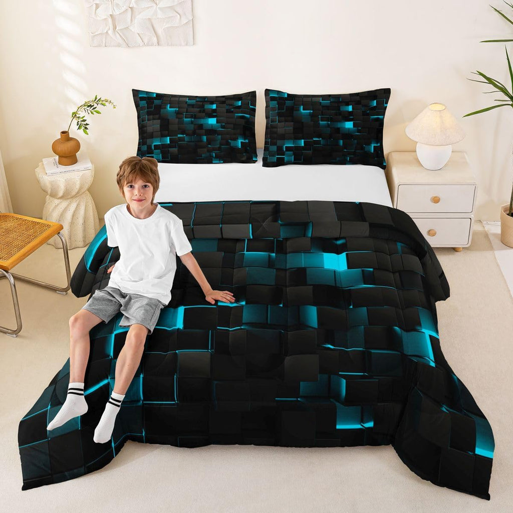 Black Teal Comforter Set King Neon Turquoise Geometric Checkered Bedding Set for Boys Gaming Room Decor,Teen Men Abstract Stereoscopic Grids Quilt Square Plaid Bed Set 3 Pcs