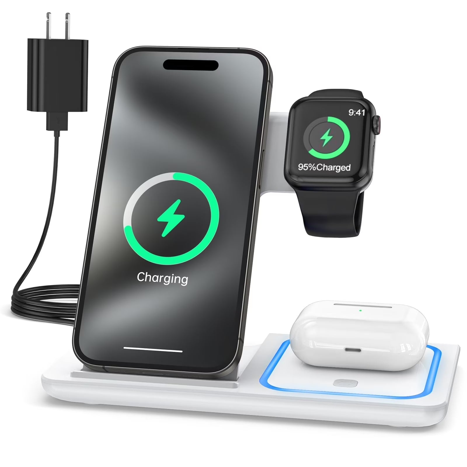 Wireless Charger, 3 in 1 Wireless Charging Station, Fast Charging Dock for Iphone 17/16/15/14/13/12/11/Pro/Xs/Sr/X/Galaxy, 15W Wireless Charger Stand for Apple Watch Series 10/9/8/7/6/5/4/3/Airpods