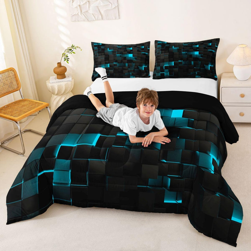 Black Teal Comforter Set King Neon Turquoise Geometric Checkered Bedding Set for Boys Gaming Room Decor,Teen Men Abstract Stereoscopic Grids Quilt Square Plaid Bed Set 3 Pcs