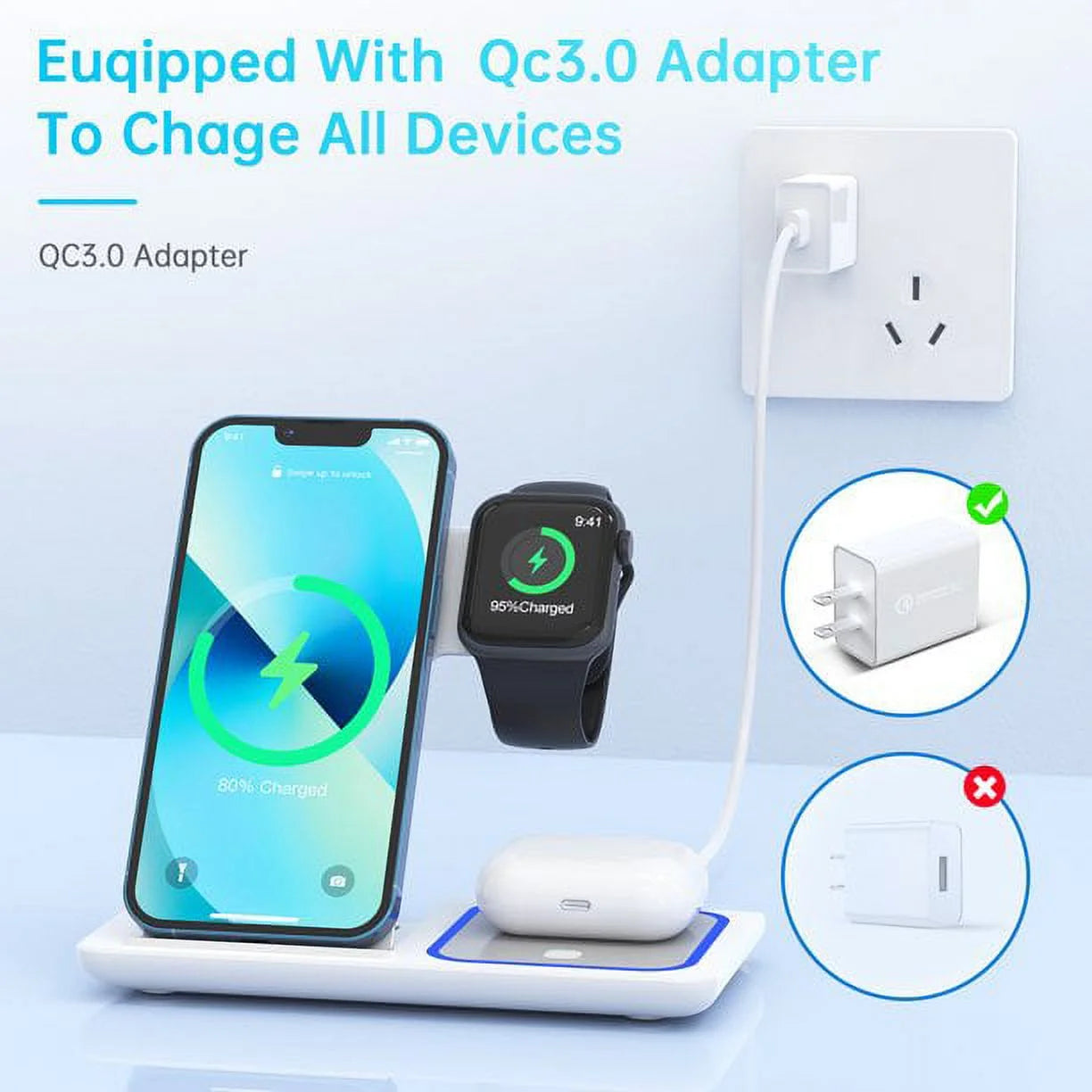 Wireless Charger, 3 in 1 Wireless Charging Station, Fast Charging Dock for Iphone 17/16/15/14/13/12/11/Pro/Xs/Sr/X/Galaxy, 15W Wireless Charger Stand for Apple Watch Series 10/9/8/7/6/5/4/3/Airpods