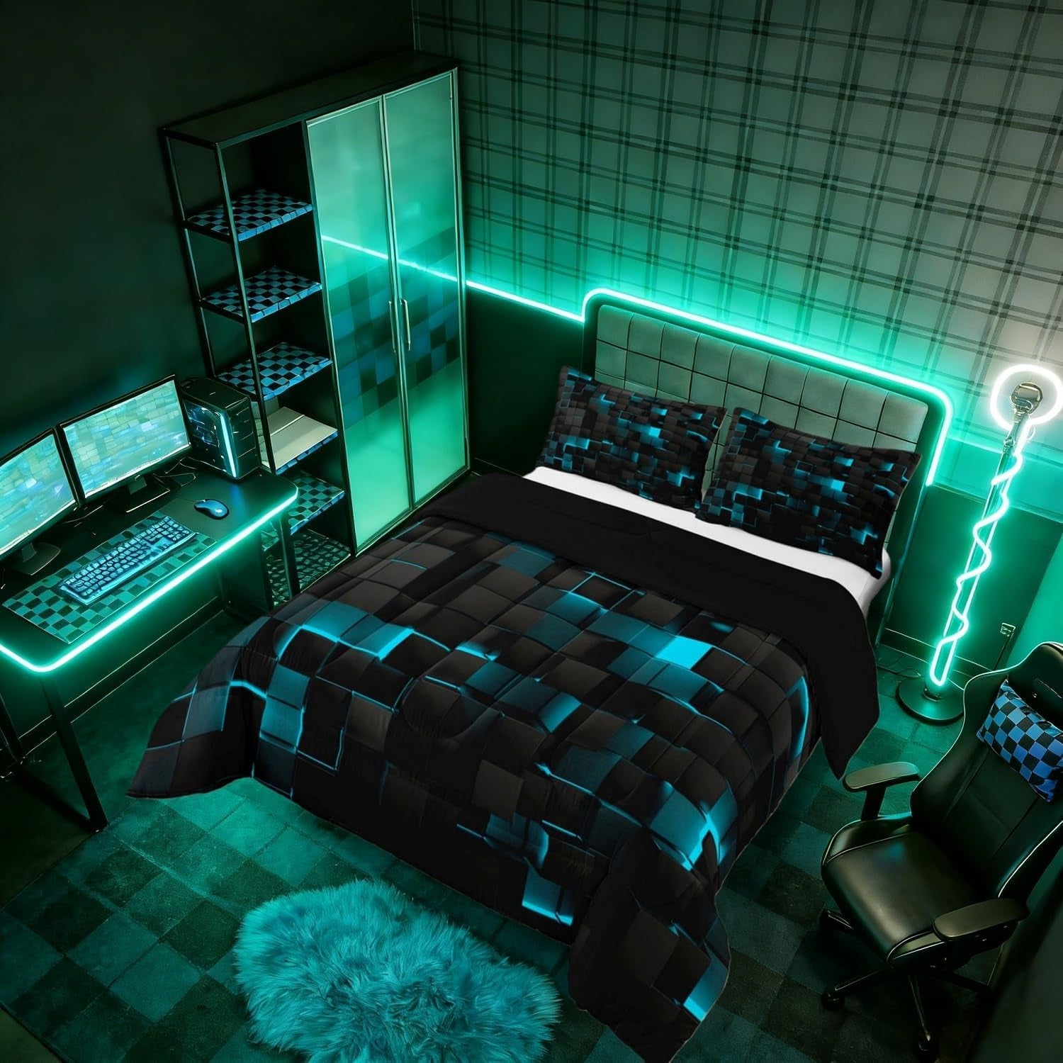 Black Teal Comforter Set King Neon Turquoise Geometric Checkered Bedding Set for Boys Gaming Room Decor,Teen Men Abstract Stereoscopic Grids Quilt Square Plaid Bed Set 3 Pcs