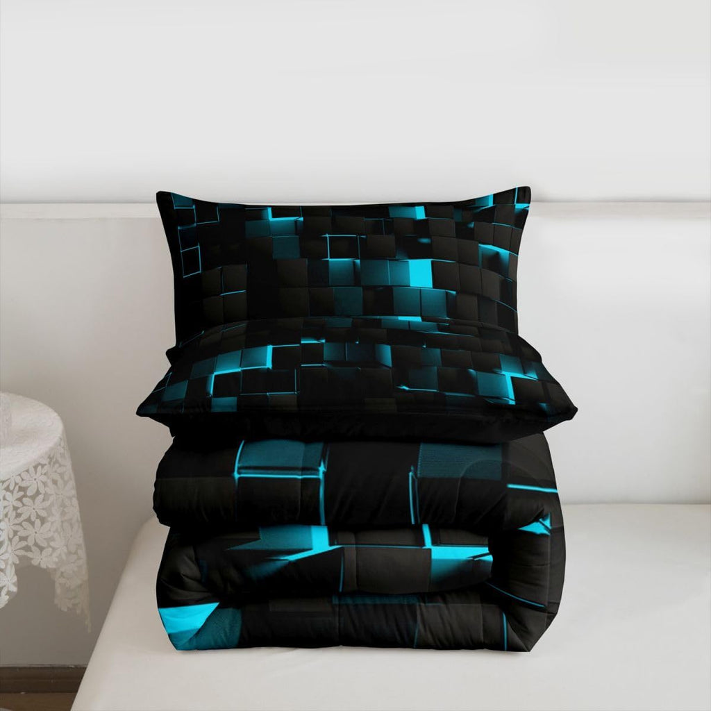 Black Teal Comforter Set King Neon Turquoise Geometric Checkered Bedding Set for Boys Gaming Room Decor,Teen Men Abstract Stereoscopic Grids Quilt Square Plaid Bed Set 3 Pcs